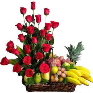 CANASTA DE ROSAS Y FRUTAS